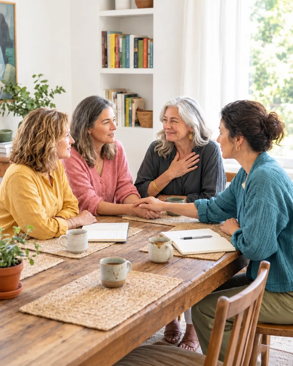 Four women in midlife sharing a warm, supportive moment around a table
