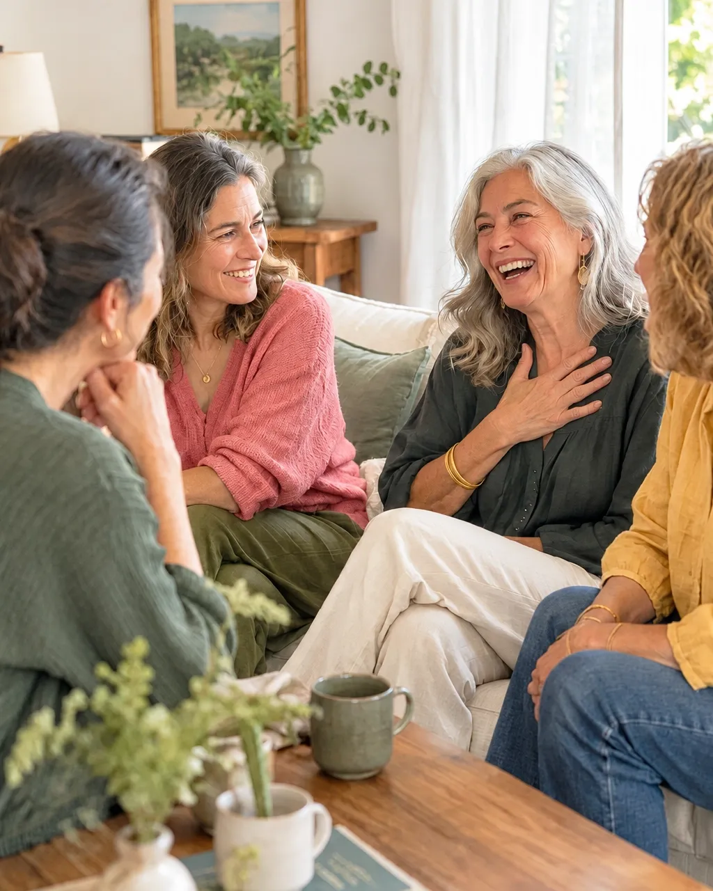 Four women in midlife talking and smiling together indoors