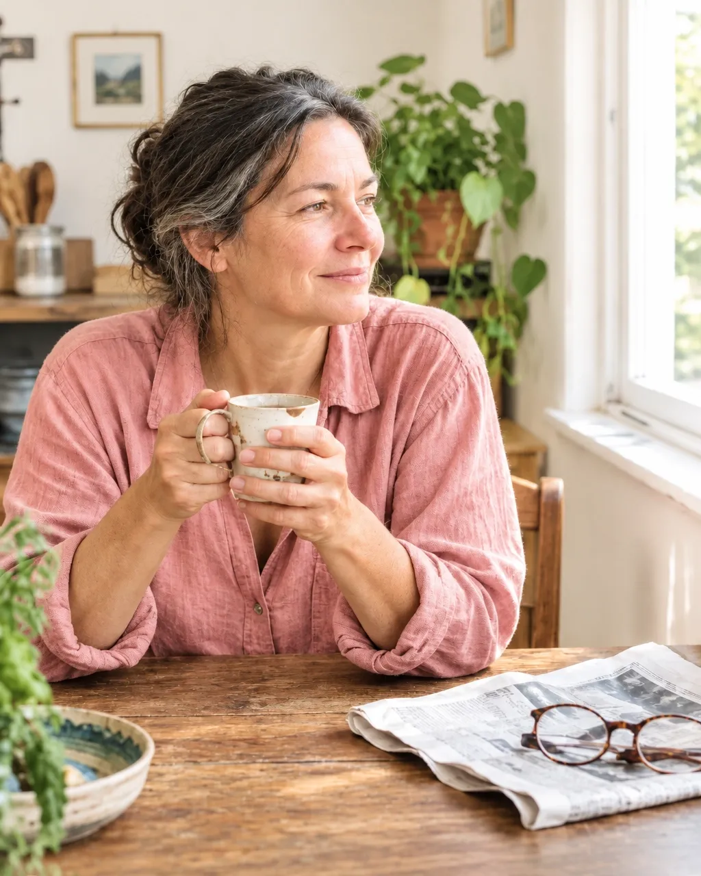 Woman in her fifties holding tea and looking out of a kitchen window