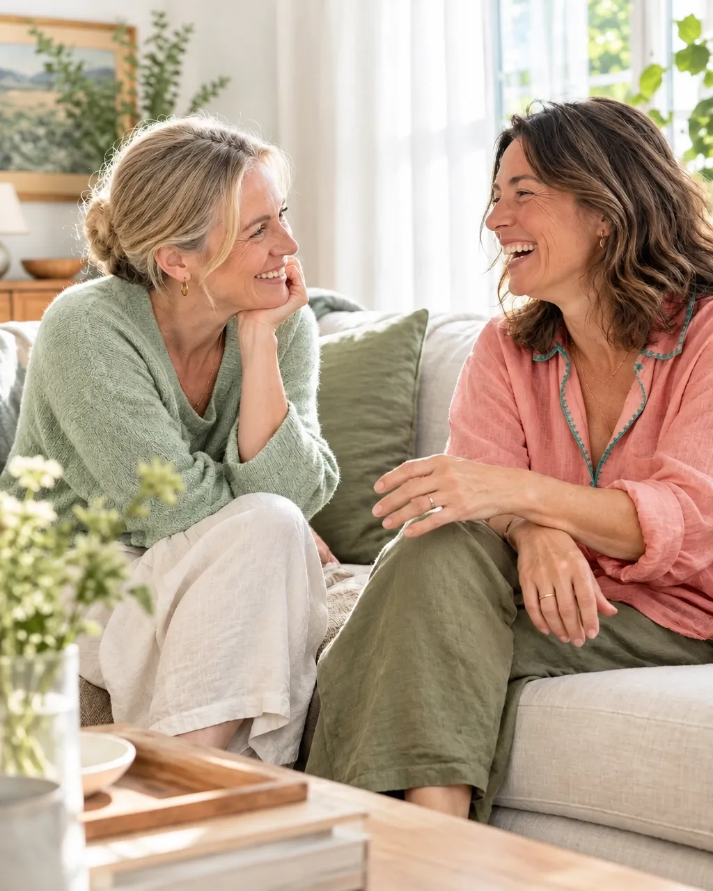 Two women in midlife sharing a joyful conversation on a sofa