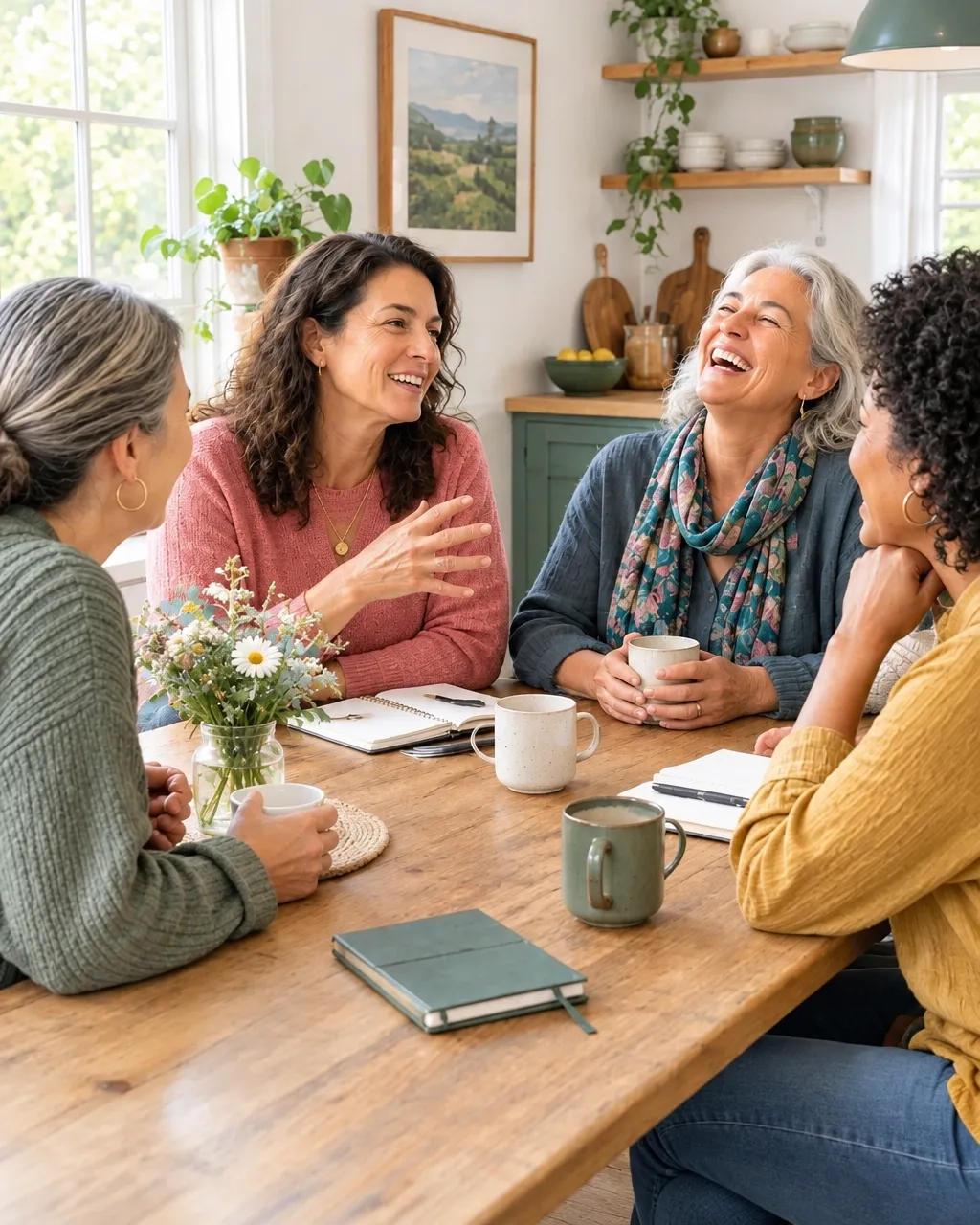 Four women talking and smiling around a table with coffee cups