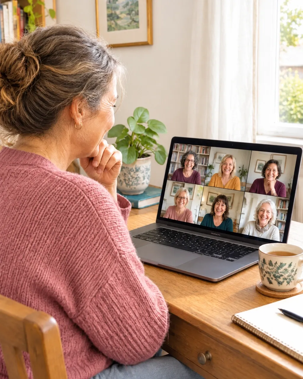 Woman at home joining a live online group call with other women